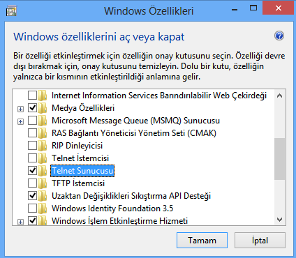 Windows 8'e Telnet sunucusu(client) yükleme